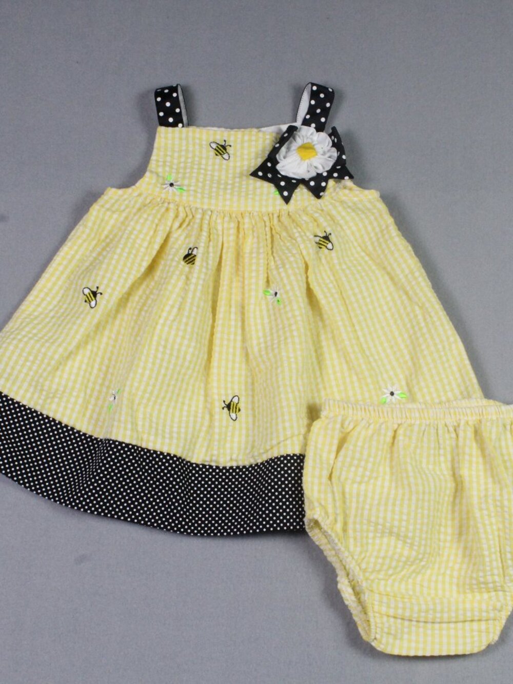 Emily Rose 12M Yellow Seersucker Bee Embroidered Dress Bloomer Set